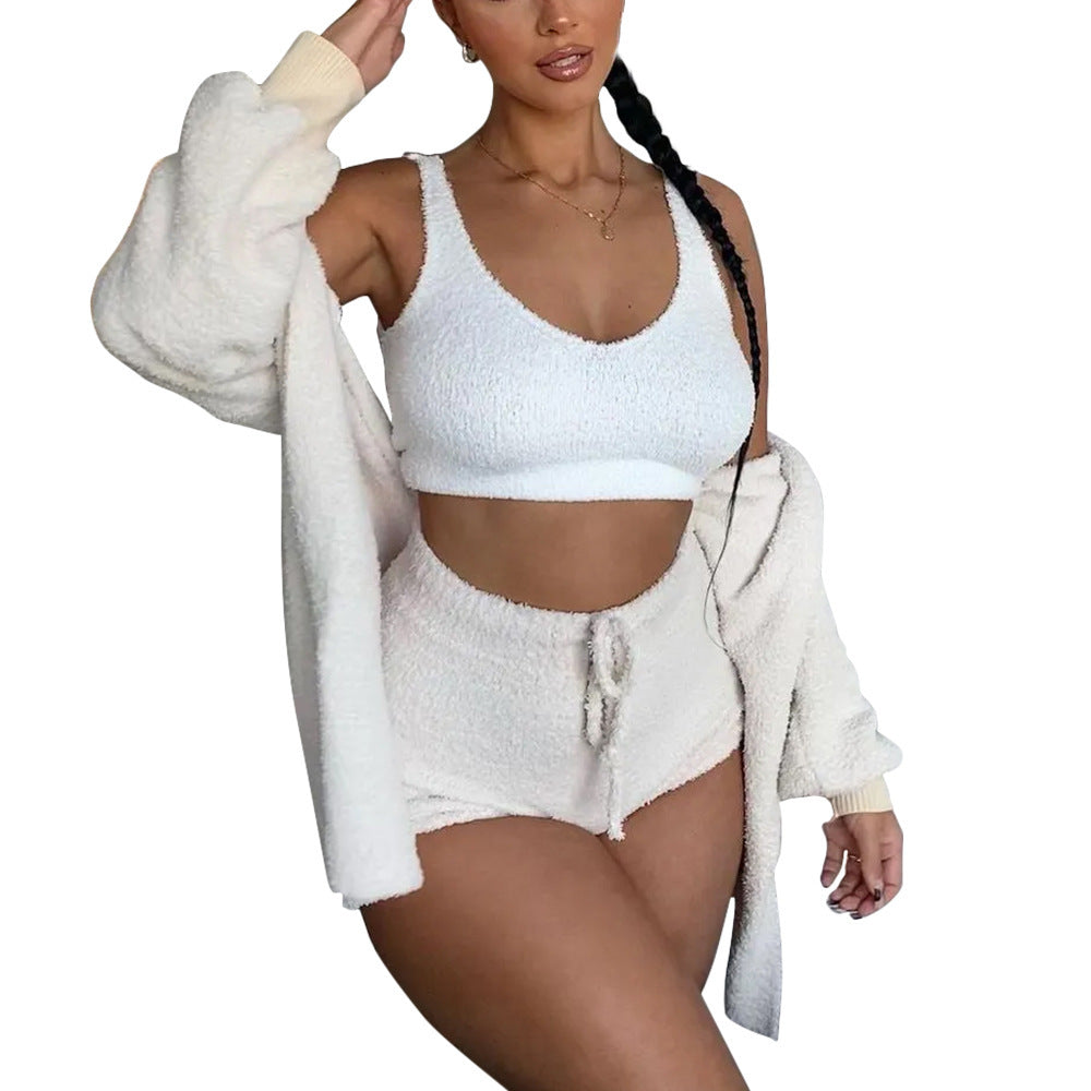 Cozy Thermal Fluff Coat and Shorts Three-Piece Set