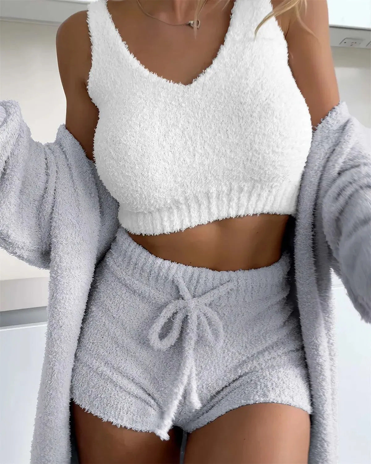 Cozy Thermal Fluff Coat and Shorts Three-Piece Set