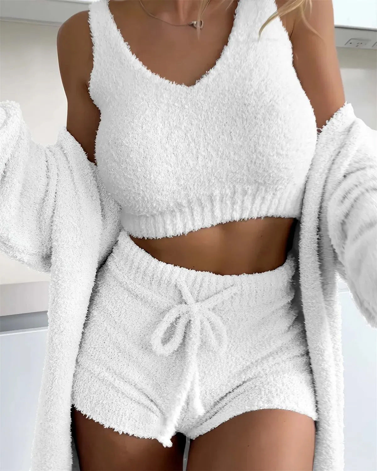 Cozy Thermal Fluff Coat and Shorts Three-Piece Set