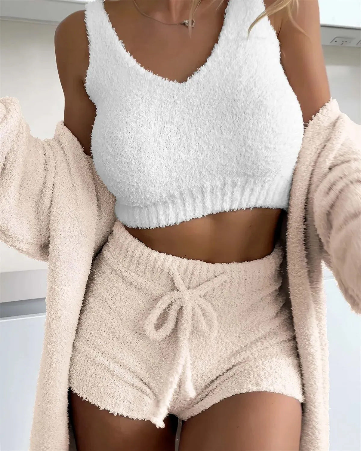 Cozy Thermal Fluff Coat and Shorts Three-Piece Set